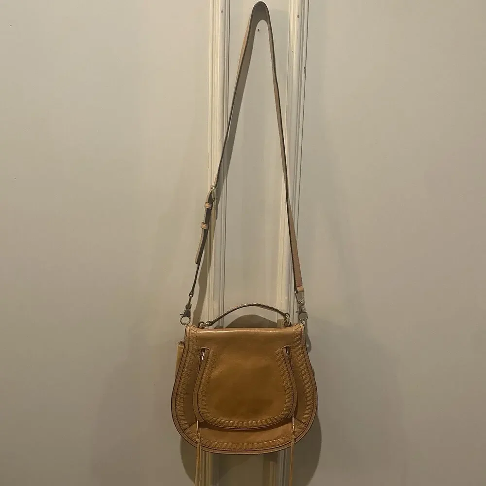 REBECCA MINKOFF Whipstitch Leather Saddle Crossbody Shoulder Bag Flap Brown Tan - Picture 6 of 16